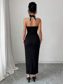 Elenzga Women's Deep V Neck Bodycon Mid-Length Pearls Decor Black Dress - Black - View 2