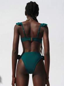 Aveloria Modichic Women 2pcs/Set Solid Color Ruffle Trim Top And Bottom Swimwear Bikini Set, For Summer Beach Vacation - Green - View 2