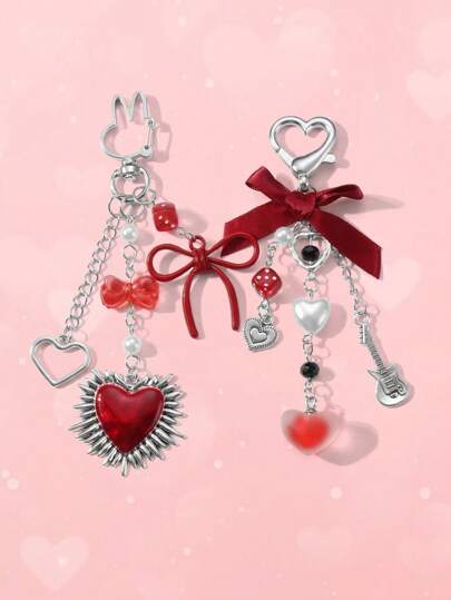 Kawaii 2 pezzi set di accessori alla moda in stile Y2K, ciondolo a forma di cuore in catena d'argento cava, perle finte rosse, nastrini e ciondoli a forma di chitarra cuore, adatti per donne/ragazze, uso quotidiano, regali di festival e San Valentino