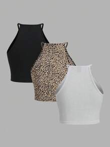 SHEIN EZwear 3 Peças/Conjunto Regatas Femininas Estampadas de Onça, Adequado para Verão - Multicolorido - Visão 2
