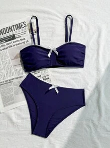 SHEIN 少女海军蓝蕾丝边拼色可爱蝴蝶结装饰海滩度假比基尼套装 - 藏蓝色 - 查看 3