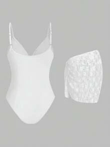 Swim Mod Schattige elegante kanten badpak voor dames met bedekkende rok, voor een zomerse strandvakantie