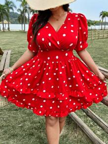 Sunnyshic Robe grande taille au style boho, col en V, imprimé floral, manches courtes, volants à l'ourlet, pois, pour la Saint-Valentin, pour l'été