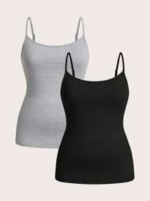 SHEIN Essnce Plus Size Women's Clothing Four Seasons Casual Versatile Basic Comfortable Long Black Camisole 2 Packs, Fall Women Clothes, Curv Tops, Black Tops, Women Top - Light Grey - View 1