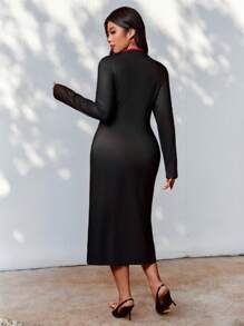 Celure 大码女士优雅旗袍连衣裙，中式立领，红色撞色，纽扣门襟，龙和祥云印花，中国新年/节日 - 黑色 - 查看 2