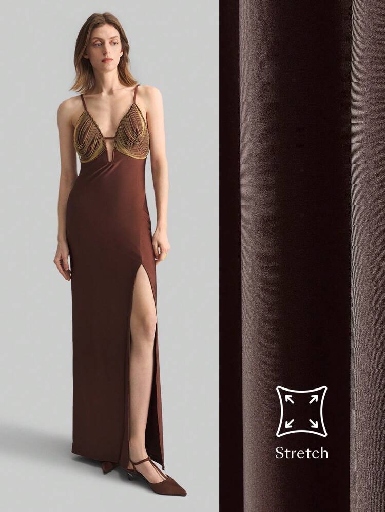 Women's Super Long Sleeveless Dress With High Slit, Chain Decoration, Spring/Summer 2025 Outfitting, Knitted Material Spaghetti Strap Dress, Party Wear