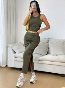 SHEIN EZwear 女士纯色背心和半身裙套装（2件套），简约时尚，日常休闲穿着 - 軍綠色 - 查看 5