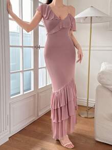 DAZY Women's Solid Color Asymmetric Neck Ruffled Fishtail Hem Fitted Elegant Mid-Length Dress Sundress - Pink - View 5