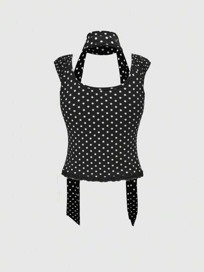 Kawaii Camiseta ajustada para mujer con cuello en V, adorno de lazo y lunares de contraste. Incluye corbata de cuello