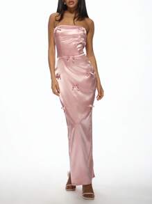 MISSGUIDED Satin Bow Detail Bandeau Maxi Dress Evening Gown Prom Special Occasion Formal Wedding Guest Floor Length Elegant Fitted Corset Style - Pink - View 5