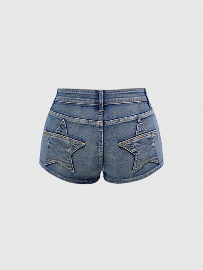 Grunge Punk Short en jean taille ultra basse avec patch étoile sur les poches fesses, taille très basse, style rétro Y2K pour femmes