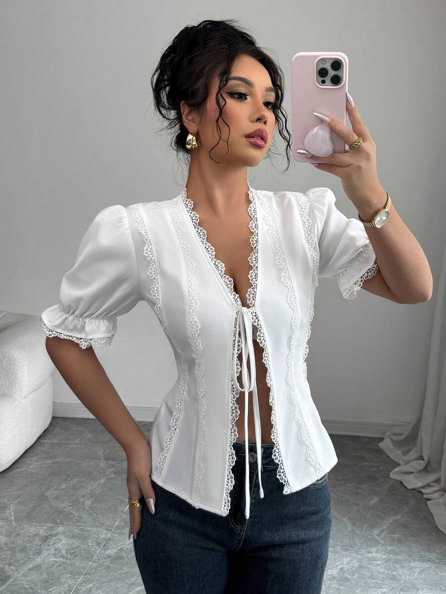 Chiquease Women's Casual Short Sleeve V-Neck Tie Ruffle Splice Solid Color Shirt - White - View 1