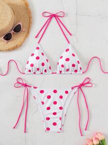 Swim Mod 2026 Spring/Summer Women's Spaghetti Strap Halter White Base Pink Polka Dot Random Print Sweet Cute Side Tie Bikini Two Pieces Swimsuit - White - View 2