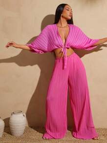 Vixey Pantalones anchos de pierna con pliegues de gasa transparente con shorts cortos, conjuntos de verano para mujeres, conjuntos de playa para mujeres, conjuntos de primavera para mujeres, ropa bohemia, vestido de playa para mujeres, ropa bohemia para mujeres