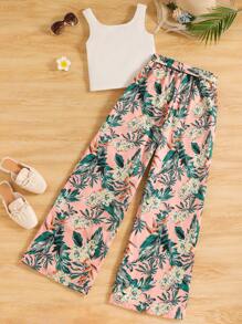 2pcs/Set Teen/Teen Girl Ribbed Knit Tank Top And Tropical Print Wide Leg Pants Set, Casual Holiday Outfit - Multicolor - View 2