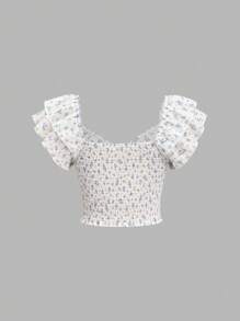 Sweetra 女式白色碎花盖袖方领修身衬衫，春夏 - 白色 - 查看 2