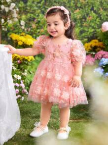 Fern Glow  Babygirl Lovely & Elegant Pink Floral Mesh Summer Dress - Pink - View 5