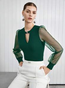 BizChic Summer New Women Crew Neck Metal Button Knit Top, Organza Sheer Green Blouse, Business Casual Daily Commute Wear, Elegant For Beach Holiday, Suitable For Wedding Guest, Country Music Festival, Brunch, Airport, 134S Old Money Stockholm Style, US Independence Day - Dark Green - View 9