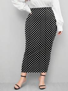 SHEIN Clasi 大码女式波尔卡圆点修身派对、日常、优雅、通勤针织中长裙 - 黑與白 - 查看 5