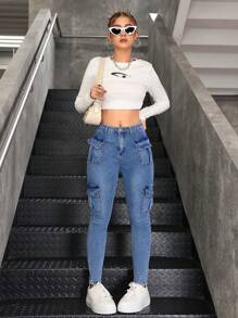 SHEIN Teen Girls' Utility Pockets Stretchy Blue Denim Skinny Pants