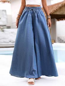 Breezaya 女士休闲宽松前系带牛仔裤，适合日常穿着 - 淺色水洗藍 - 查看 4