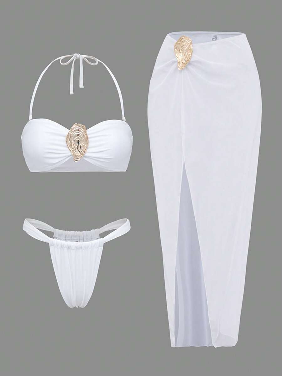 Swim Oasis 3 件套女士纯色优雅性感金属配饰海滩派对泳装，包括长丁字裤比基尼和沙滩裙，春假度假装 - 白色 - 查看 1