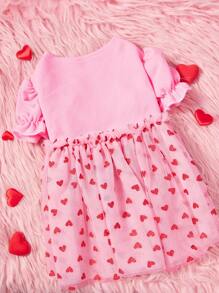 PETSIN 1pc Pet Dog Princess Dress With Puff Sleeves, Red Heart & Golden Foil Printing, Pink Mesh Splicing - Pink - View 2