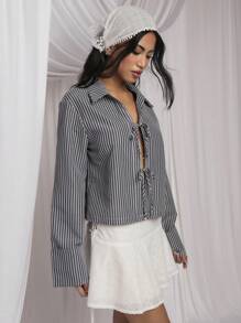COSMINA Women's Casual Striped Tie Front Bell Sleeve Shirt - Black and White - View 5