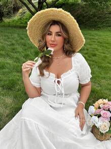 Flirla Plus Size Boho Solid Sweetheart Collar Ruffle Trim Front Tie Puff Sleeve Elastic Waist A-Line Patchwork Dress, For Summer - White - View 7