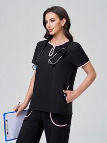 TaskEZ 对比色边饰短袖休闲上衣和长裤/医疗保健手术服套装 手术服套装 护士手术服上衣 手术服下装 跑步护士和制服手术服 洗手口袋透气拉绒服装套装 带口袋的手术服弹力运动工作服 手术服上衣和裤子套装 女士手术服套装：缺口 V 领塞入式上衣和直筒裤 基本慢跑手术服套装 护理服弹力上衣和抽绳工装裤