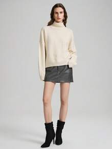 Ontre Long Sleeve Turtleneck Old Money Style Sweater, Women Fuzzy Cashmere Feel Sweater, Cozy Homewear, Milky White Color, Suitable For Spring - White - View 7