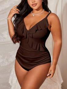 Swim Lushoire Traje de baño de una pieza de unicolor con volantes en el cuello para mujer talla extra - Marrón - Ver 4