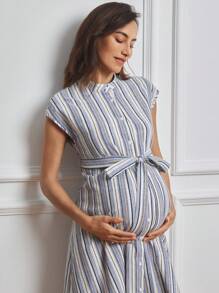 MaterniWear Maternity Casual Striped Front Button Dress - Blue - View 5