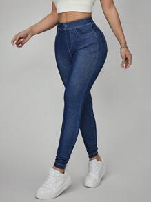 SHEIN Essnce 女士前扣口袋修身休闲牛仔裤，日常穿着 - 藍色 - 查看 3