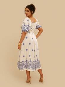 Travachic Vestido midi de mujer de manga abullonada, escote cuadrado, estampado floral azul en estilo retro y casual para vacaciones, para primavera/verano, tallas grandes - Azul - Ver 2