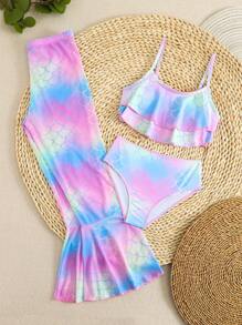 3pcs/Set Tween Girls Fish Scale Spaghetti Strap Bikini Top And Bottom - Multicolor - View 6