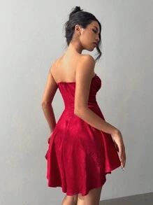 Aloruh 女士性感优雅褶皱胸部修身喇叭迷你连衣裙，腰围可调节，红色，适合派对、约会、情人节 - 紅色 - 查看 3