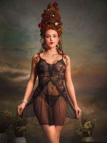 Retro Palace-Style Polka Dot Lace Embroidery Sexy Women Nightgown - Black - View 7