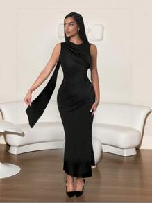 Zolique Spring Sexy Party Slanted Shoulder Asymmetrical Streamer Pleated Dress Slim Sexy High Split Hip-Wrapped Long, Suitable For Dating, Vacation, Party