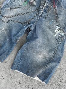 SHEIN Tween Boy Fashion Casual Y2k Cool Blue Denim Frill Hem Print Element Losse Denim Shorts Voor Jongenskostuum Dagelijkse Kleding En De Vier Seizoenen Kinderkleding