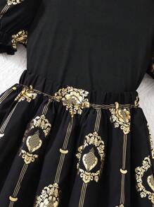 Tween Girl Retro Pattern Elegant Fashion Outfit Set - Black - View 6