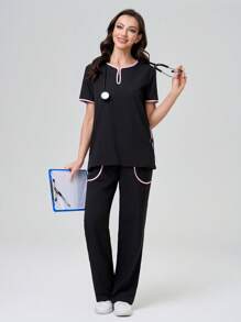 TaskEZ 对比色边饰短袖休闲上衣和长裤/医疗保健手术服套装 手术服套装 护士手术服上衣 手术服下装 跑步护士和制服手术服 洗手口袋透气拉绒服装套装 带口袋的手术服弹力运动工作服 手术服上衣和裤子套装 女士手术服套装：缺口 V 领塞入式上衣和直筒裤 基本慢跑手术服套装 护理服弹力上衣和抽绳工装裤