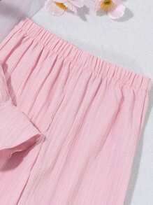 SHEIN Vintaside Kids Tween Girl Solid Color Ruffle Halter Top And Wide Leg Pants 2 Pieces Set, Casual - Pink - View 4