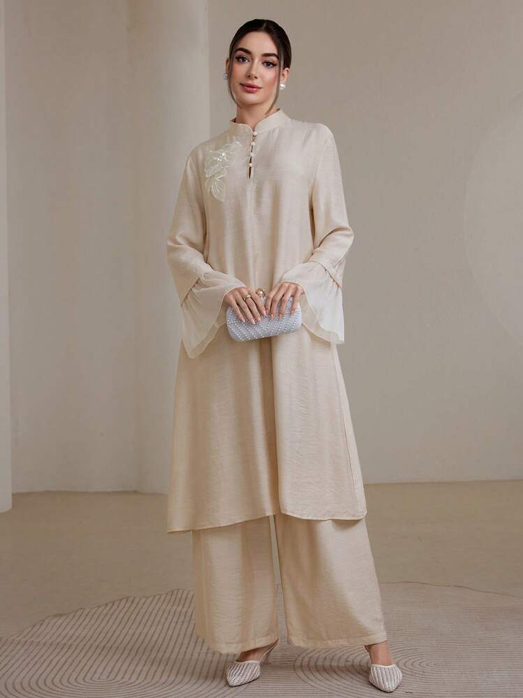 Graceveil 2pcs/Set Women Elegant Stand Collar Ruffle Cuff Long Sleeve Set Modest Fall Cloth For Women - Apricot - View 3