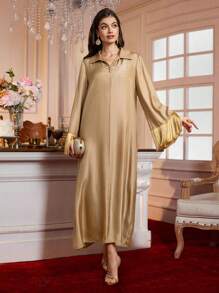 SHEIN Clasi 女士纯色拼布流苏装饰长袖简约长裙 - 金色 - 查看 3