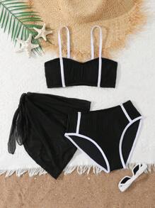 Tween Girl Colorblock Bikini Set With Cover-Up Skirt For Vacation - Black - View 1