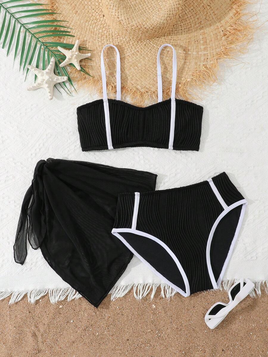 Tween Girl Colorblock Bikini Set With Cover-Up Skirt For Vacation - Black - View 1