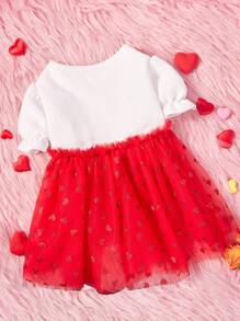 PETSIN 1 chiếc váy công chúa cho chó cưng ngày lễ tình nhân, tay bồng màu trắng có in hình trái tim màu đỏ, thiết kế lưới, phù hợp với mọi thú cưng - Đỏ và trắng - Xem 2