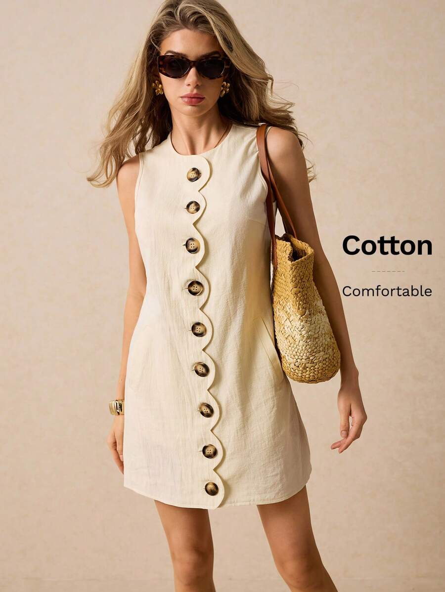 Poéselle Chic Button Down Scalloped Edge A-Line Apricot Mini Dress - Perfect For Casual Outings, Summer Parties And Easy Everyday Style,Yellow Women Dresses ,Business Casual Woman - Apricot - View 1