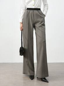 BizChic 女式千鸟格图案直筒裤，女士春夏办公服装 - 灰色 - 查看 4